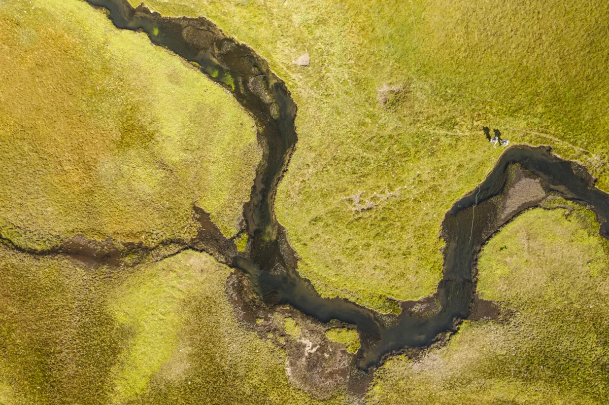 Aerial view of a river winding through the Rio Pico valley